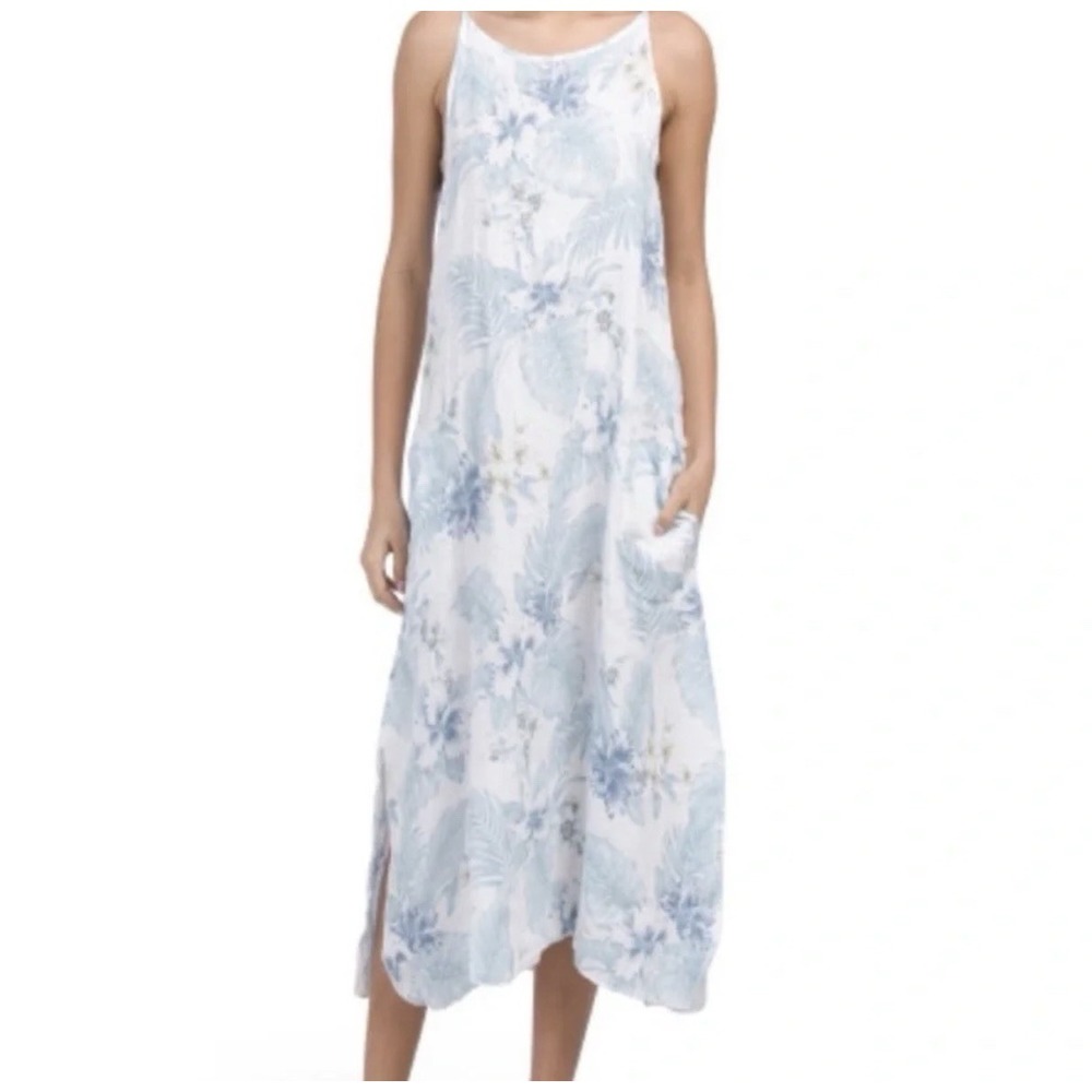Lungo L'Arno Large 100%Linen Midi Dress Floral Beach Resort Halter Top